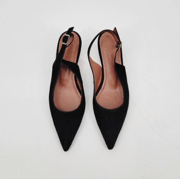 Souliers Martinez Black Pointed Toe Wooden Kitten Heel Slingback Size 8 EU 39 - Picture 1 of 16
